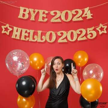 KatchOn, Gold Glitter Bye 2024 Hello 2025 Banner - No DIY | New Years Banner | New Years Decorations 2025 | Happy New Year 2025 Banner for NYE Decorations 2025 | New Years Eve Party Supplies 2025