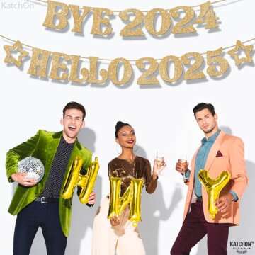 KatchOn, Gold Glitter Bye 2024 Hello 2025 Banner - No DIY | New Years Banner | New Years Decorations 2025 | Happy New Year 2025 Banner for NYE Decorations 2025 | New Years Eve Party Supplies 2025