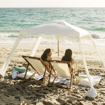 AMMSUN Beach Cabana with Fringe, 6'×6' Boho Beach Canopy with Tassels, Easy Set up & Premium Wood Pole, Cabana Tent with Sand Pockets, Instant Sun Shade for Beach Patio Garden Outdoor, Elegant White