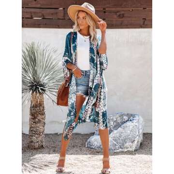 Moss Rose Women's Beach Cover up Swimsuit Kimono with Bohemian Floral Print, Loose Casual Resort Wear