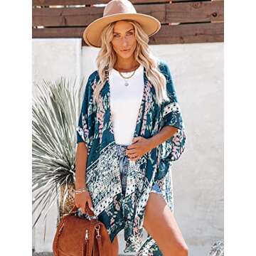 Moss Rose Women's Beach Cover up Swimsuit Kimono with Bohemian Floral Print, Loose Casual Resort Wear