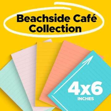 Post-it Notes, 4 in x 6 in, 5 Lined Sticky Note Pads, 100 Sheets per Pad, Beachside Café Collection, New Year Organization or Second Semester School Supplies