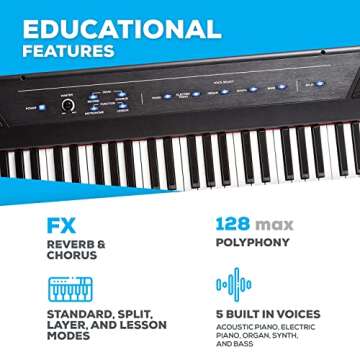 Alesis Recital – 88 Key Digital Piano Keyboard with Semi Weighted Keys, 5 Voices, Piano Lessons, and M-Audio HDH40 Piano Headphones for Silent Practice