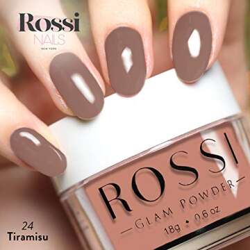 ROSSI Nails Glam Dip Powder 0.6 oz | French Nail Manicure Acrylic Art | Starter and Professional | Colorful Dipping Powder | Calcium and Vitamin E Fortified (24 Tiramisu)