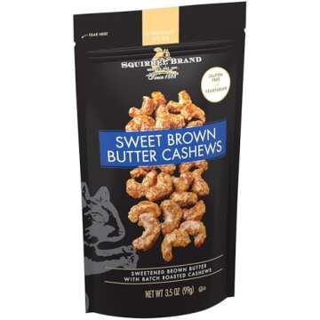 SQUIRREL BRAND Caramel Toasted Colada Cashews 3.5 oz with sweet toasted coconut, natural flavors + Squirrel Brand Sweet Brown Butter Cashews, 3.5 Ounces, Gluten Free, Vegetarian