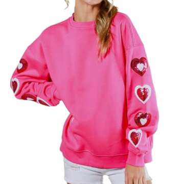 Faretumiya Women Heart Print Sequin Sweatshirt Romantic Love Graphic Shirt Valentine's Day Long Sleeve Crewneck Pullover Tops（pink ，Medium）