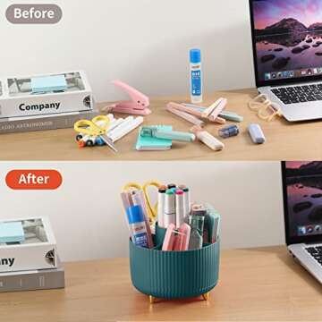 Desk Pencil Pen Holder, 5 Slots 360°Degree Rotating Pen Organizers for Desk, Desktop Storage Stationery Supplies Organizer, Cute Pencil Cup Pot for Office, School, Home, Art Supply, Dark Green