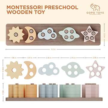 GOPO TOYS Montessori Toys for 18+ Months Old - Toddlers Wooden Sorting and Stacking Toys for Baby Boys and Girls - Shape Sorter and Color Stacker Preschool Kids Wood Gifts