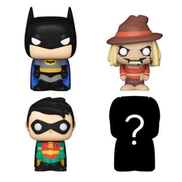 Funko Bitty POP! DC - Batman, 4-Pack - Batman, Robin, Scarecrow and A Surprise Mystery Mini Figure - 0.9 Inch (2.2 Cm) - DC Comics Collectable - Stackable Display Shelf Included - Gift Idea