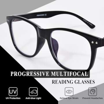 FONHCOO Progressive Multifocal Reading Glasses for Women Men, Anti Blue Light Computer Readers with Spring Hinges (Black 1.0)