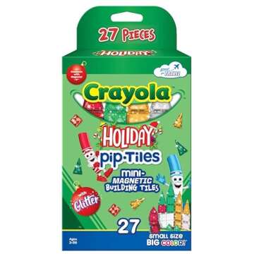 CreateOn Crayola Holiday Glitter Mini PIP Magnetic Tiles, Magnetic Kids’ Building Toys, STEM Learning Travel Toys for Boys and Girls, 27-Piece Set