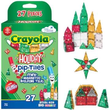 CreateOn Crayola Holiday Glitter Mini PIP Magnetic Tiles, Magnetic Kids’ Building Toys, STEM Learning Travel Toys for Boys and Girls, 27-Piece Set