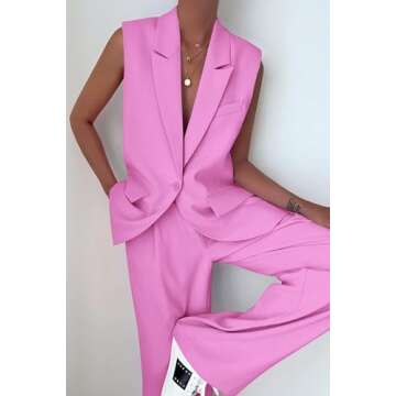 PRETTYGARDEN Women's 2 Piece Pant Suit Dressy Button Up Vest Blazer and Long Pants Set Business Casual Outfits (Pink,Medium)