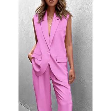 PRETTYGARDEN Women's 2 Piece Pant Suit Dressy Button Up Vest Blazer and Long Pants Set Business Casual Outfits (Pink,Medium)