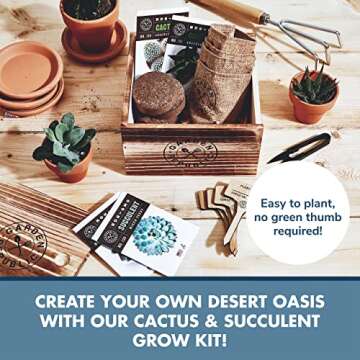 Cactus Succulent Seed Starter Kit - Indoor Garden Grow Kits, Seeds for Planting Mini Cactus Succulent Plants, Plant Markers, Soil, Pots, Wood Box - Fathers Day Gardening Gifts