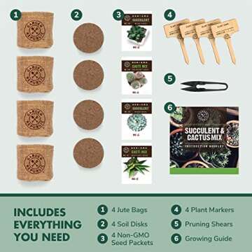 Cactus Succulent Seed Starter Kit - Indoor Garden Grow Kits, Seeds for Planting Mini Cactus Succulent Plants, Plant Markers, Soil, Pots, Wood Box - Fathers Day Gardening Gifts