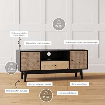 Nathan James 74201 Bonnie Modern TV Stand Entertainment Cabinet, Console with a Natural Wood Finish with Storage Doors for Living Media Room, with Drawer, Black Oak/Rattan