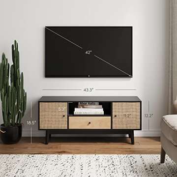 Nathan James 74201 Bonnie Modern TV Stand Entertainment Cabinet, Console with a Natural Wood Finish with Storage Doors for Living Media Room, with Drawer, Black Oak/Rattan