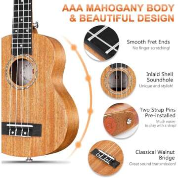 Vangoa Soprano Ukulele Beginner Kit 21 Inch Mahogany Acoustic Hawaiian Ukulele Uke Bundle for Kids Starters Students with Fast learn Book and Gig Bag