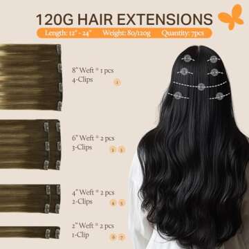 DOORES Hair Extensions Real Human Hair, Balayage Walnut Brown to Ash Brown and Bleach Blonde 120g 7pcs 18 Inch Remy Hair Extensions Clip in Human Hair Extensions Real Natural Hair Extensions Straight