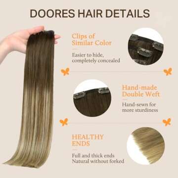 DOORES Hair Extensions Real Human Hair, Balayage Walnut Brown to Ash Brown and Bleach Blonde 120g 7pcs 18 Inch Remy Hair Extensions Clip in Human Hair Extensions Real Natural Hair Extensions Straight