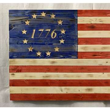 Flags Forever Betsy Ross Handmade Wooden American 1776 Flag with 13 Carved Stars, Home Decor Patriotic Wooden Flag, Door Hanging Decorations Wall Art, Indoor & Outdoor Rustic American Flag