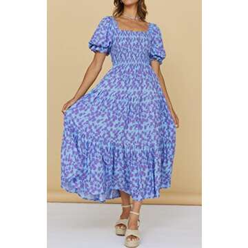 PRETTYGARDEN Women's Summer Puff Sleeve Floral Maxi Dress Square Neck Smocked Boho Flowy A Line Casual Beach Long Dresses (Floral Light Blue and Purple,Large)