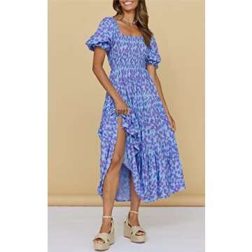 PRETTYGARDEN Women's Summer Puff Sleeve Floral Maxi Dress Square Neck Smocked Boho Flowy A Line Casual Beach Long Dresses (Floral Light Blue and Purple,Large)