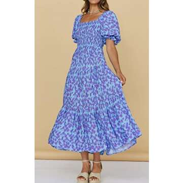 PRETTYGARDEN Women's Summer Puff Sleeve Floral Maxi Dress Square Neck Smocked Boho Flowy A Line Casual Beach Long Dresses (Floral Light Blue and Purple,Large)