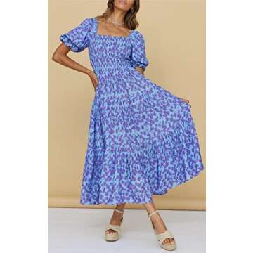 PRETTYGARDEN Women's Summer Puff Sleeve Floral Maxi Dress Square Neck Smocked Boho Flowy A Line Casual Beach Long Dresses (Floral Light Blue and Purple,Large)