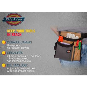 Dickies 5-Pocket Single Side Tool Belt Pouch/Work Apron for Carpenters and Builders, Durable Canvas Construction, Adjustable Belt for Custom Fit, Grey/Tan