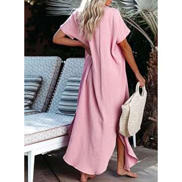 Dokotoo Swimsuit Coverups Summer Dresses for Women 2024 Vacation Button Down Long Kimonos Cardigan Beach Short Sleeve Side Split Casual Solid Loose Bathing Suit Cover Ups for Swimwear Pink L