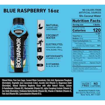 BODYARMOR Sports Drink Sports Beverage, Blue Raspberry, Natural Flavors With Vitamins, Potassium-Packed Electrolytes, No Preservatives, Perfect For Athletes, 16 Fl Oz (Pack of 12)