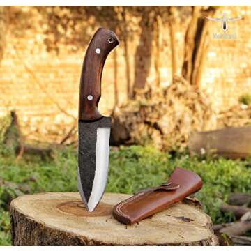 High Carbon Steel Knife - Handmade Full Tang Bushcraft Knife - Hunting Knife, Survival Knife, Fixed Blade Knife & Camping Knife - Camping Knives & Hunting Knives with Rosewood Handle & leather Sheath