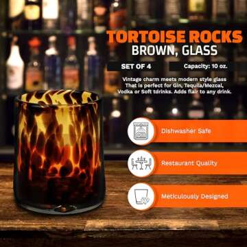 IMPULSE! Tortoise Leopard Print Brown 10 oz. Rocks Glasses, Set of 4 - Stylish Stemless Cocktail Cups Glass - Ideal Glassware Tumbler for Gin, Tequila, Vodka, Soft Drinks - 3.15 × 3.15 × 4.3 in