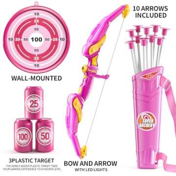 TEMI Bow and Arrow for 3 4 5 6 7 8 9 10 Year Old Kids Girls, LED Light Up Archery Toy with 10 Suction Cup Arrows, 4 Target & Quiver, Indoor Outdoor Sport Toys, Birthday Gift Toys for Kids Girls