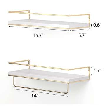 Shario White Floating Shelves - Set of 2, Wall Mounted Hanging Shelves with Golden Towel Rack, Decorative Storage Shelves for Bathroom, Kitchen, Living Room & Bedroom (White)