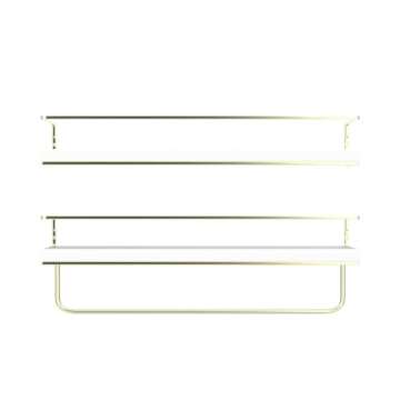 Shario White Floating Shelves - Set of 2, Wall Mounted Hanging Shelves with Golden Towel Rack, Decorative Storage Shelves for Bathroom, Kitchen, Living Room & Bedroom (White)