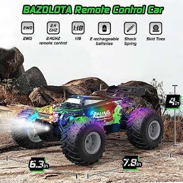 BAZOLOTA Remote Control Car, 1:18 Scale All Terrain RC Cars, 2WD 20Km/h with Colorful LedLight and Two Rechargeable Batteries, Remote Control Monster Truck Off Road Racing Car Toys for Kids and Boys