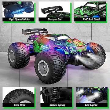 BAZOLOTA Remote Control Car, 1:18 Scale All Terrain RC Cars, 2WD 20Km/h with Colorful LedLight and Two Rechargeable Batteries, Remote Control Monster Truck Off Road Racing Car Toys for Kids and Boys