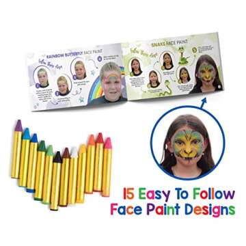 Dress Up America Face Paint Crayons - With Artbook & Easy To Follow Facepainting Designs -Safe Non-Toxic Face And Body Paint Made in Taiwan - Halloween Makeup Face Painting Kit for Kids & Adults