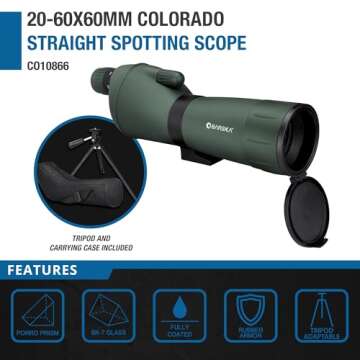 BARSKA 20-60x60mm Colorado Zoom Straight Spotting Scope Waterproof with Flip-Down Lens for Target Shooting Range Hunting Birding