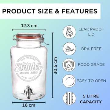 Smiths Mason Jars Glass Drink Dispenser with Stainless Tap Spigot - Perfect for Outdoor Gatherings, Festive Party Drinks, Beverage Dispenser and Lemonade Pitcher - 5L (1.32Gallon)