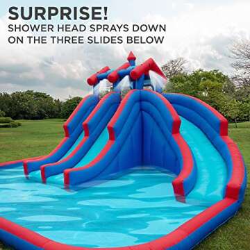 Sunny & Fun Mega Sport Inflatable Water Triple Slide Park – Heavy-Duty for Outdoor Fun - Climbing Wall, 3 Slides & Splash Pool – Easy to Set Up & Inflate with Included Air Pump & Carrying Case