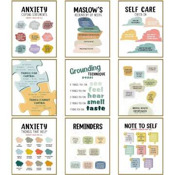 Outus 9 Pieces Mental Health Posters Anxiety Therapy Motivational Poster Psychologist Counselor Inspirational Posters Positive Quotes Wall Decor Classroom for Home Office, 8 x 10 Inch(Retro Style)