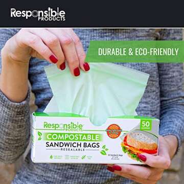 Responsible Products Certified Compostable SANDWICH Resealable Zip Bag, Extra Strength Food Bags, Plant-Based Freezer-Safe (50 Pack)