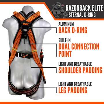 Malta Dynamics Razorback Elite Sternal D-Ring Safety Harness Fall Protection, Aluminum, Lightweight Full Body Harness, Quick Connect Buckles, Sewn-In Safety Belt - OSHA/ANSI Compliant (L-XL)