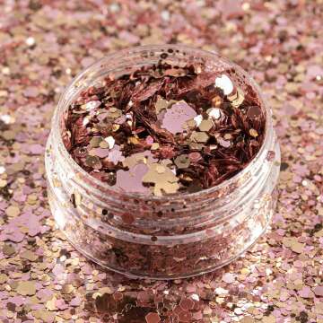 Rose Gold Holographic Chunky Glitter Cosmetic Body Hair Face Eye Nail for Festival Carnival Party Beauty Rave Accessories Different Sizes&Shapes 2 Pots （14g/0.5oz）+ Quick Dry Primer Glue Gel(5ml)