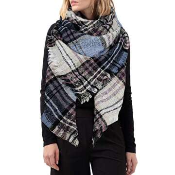 American Trends Womens Plaid Blanket Scarf for Women Classic Soft Tartan Wrap Shawl Oversized Shawl Cape Scarves Blue Beige