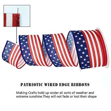 Hying 4th of July Patriotic Ribbons for Crafting, 2.5" X 10 Yards American Flag Wired Edge Ribbons Blue Red Burlap Ribbon Memorial Day Decorations Stars Ribbons for Gift Wrapping Supplies